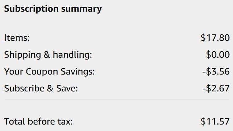 An Amazon subscription summary ending in $11.57.