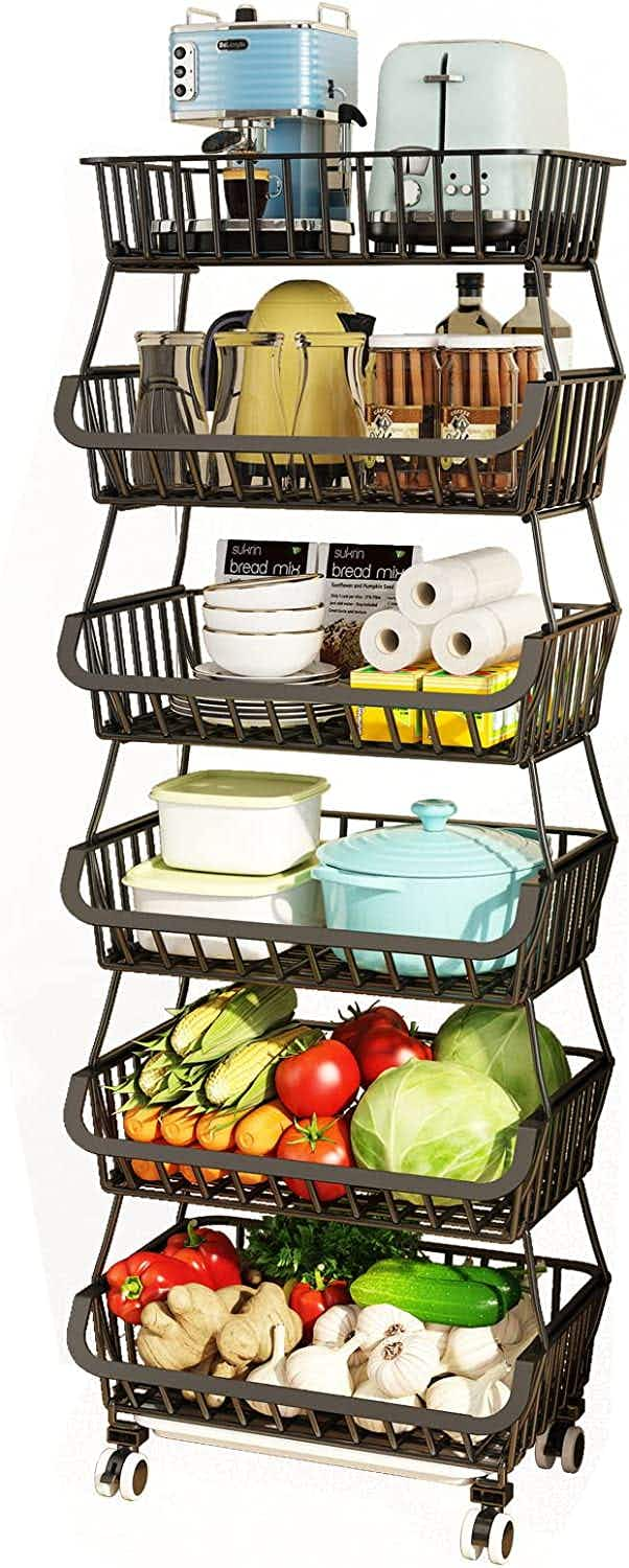 A six tier kitchen storage cart in front of a white background.