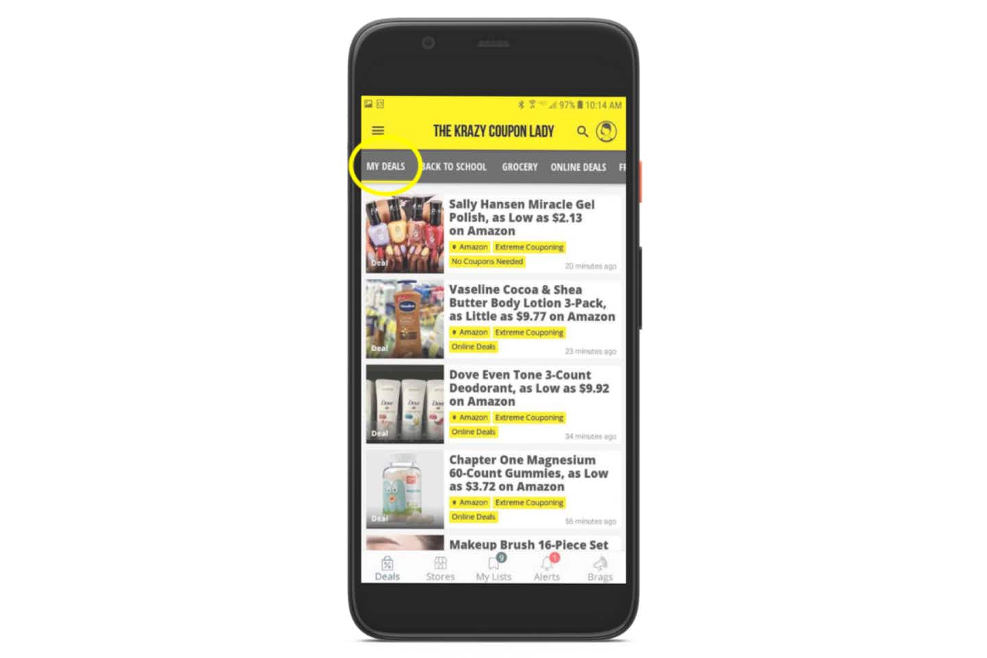 screenshot of Android app showing deals for favorite stores