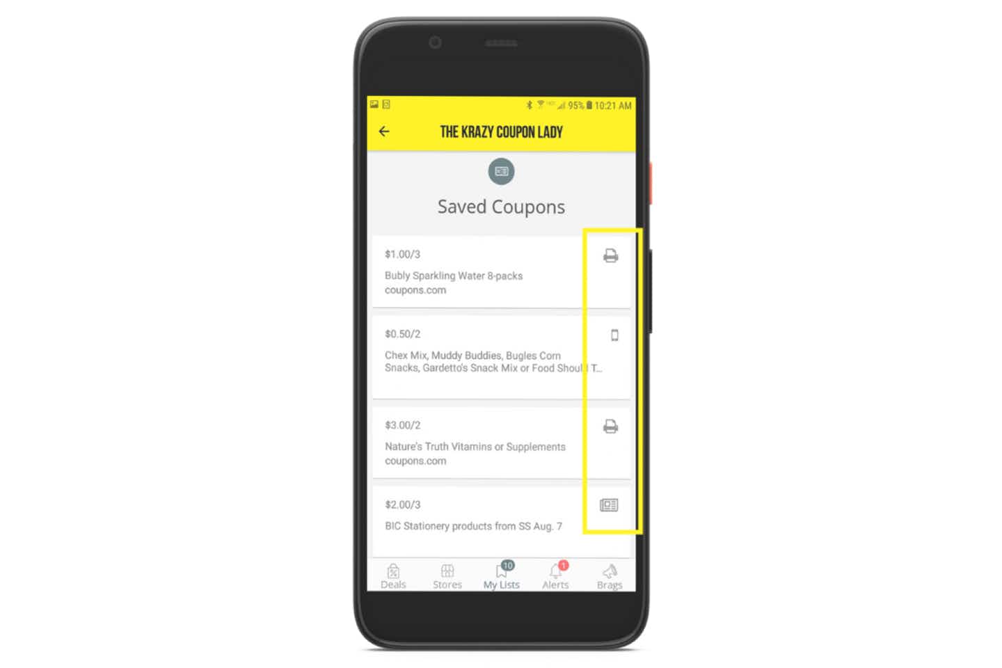 screenshot of Android app showing coupons list