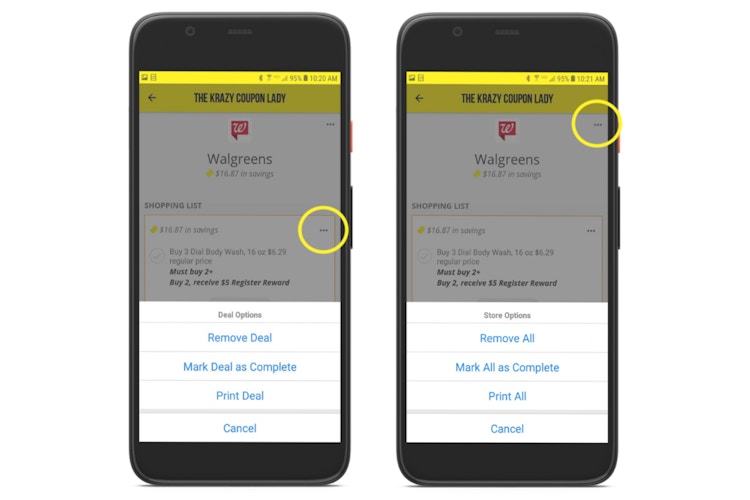 screenshots of Android app showing how to print list