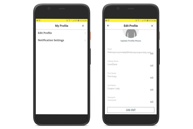 screenshots of Android app showing how to update profile