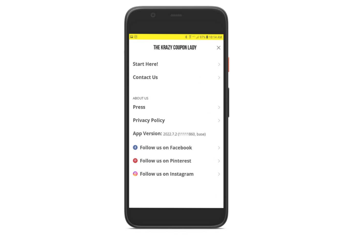 screenshot of Android app showing menu