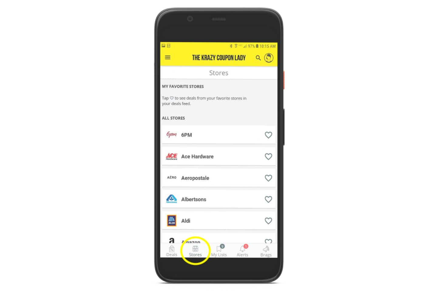 screenshot of Android app showing all stores