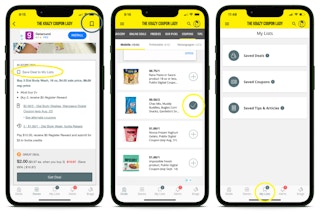 screenshots of iOS app showing how to add deals to list