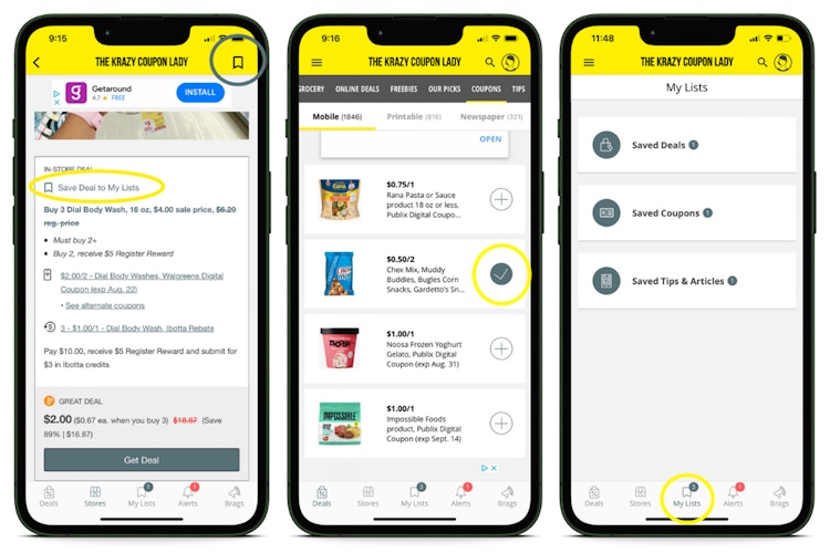 screenshots of iOS app showing how to add deals to list