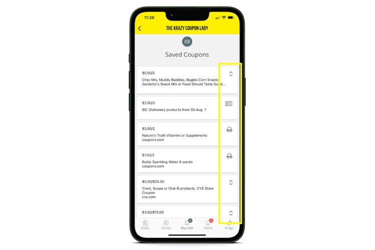 screenshot of iOS app showing coupons list