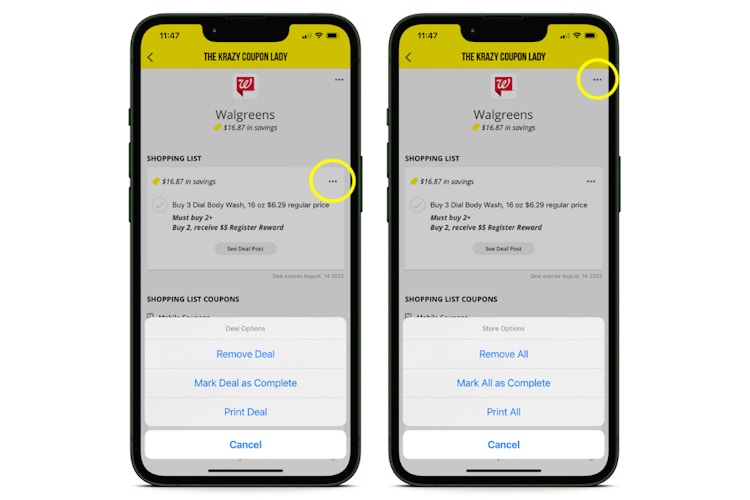 screenshots of iOS app showing how to print list