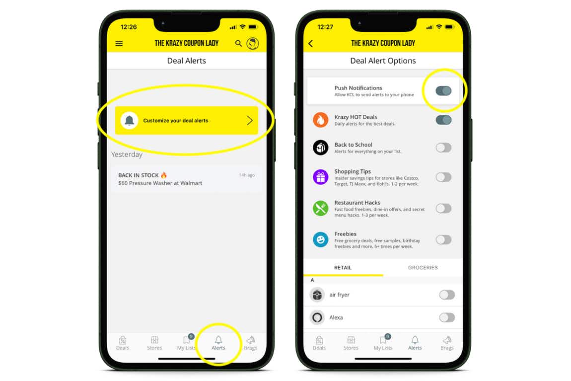 screenshots of iOS app showing notifications