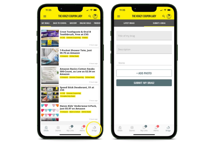 screenshots of iOS app showing brags