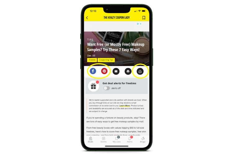 screenshot of iOS app showing how to share to social