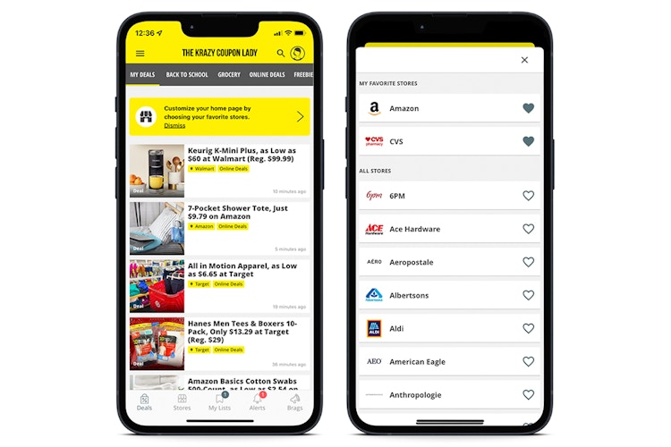 screenshots of iOS app showing favorite stores and brands