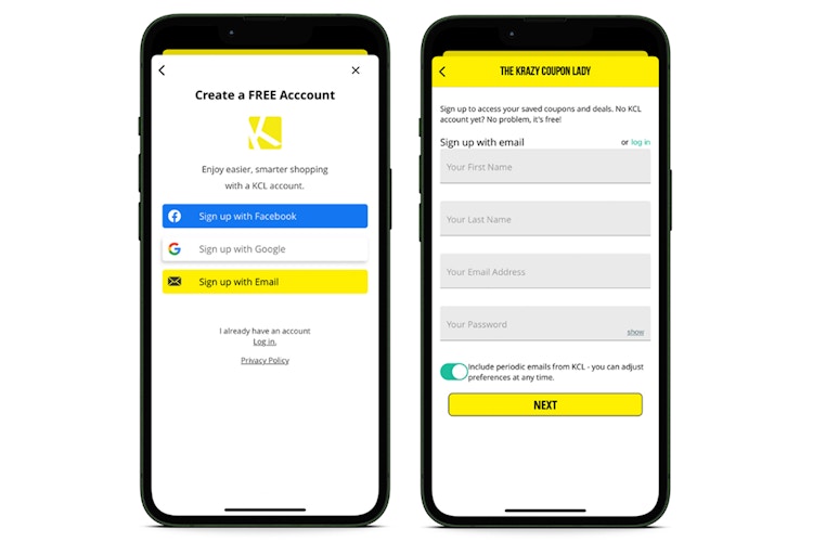 screenshots of iOS app showing how to create account
