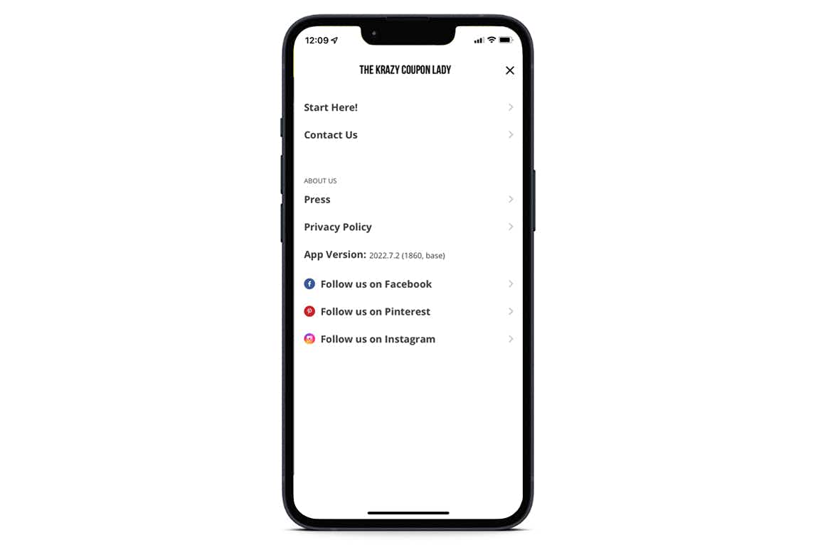 screenshot of iOS app showing the app menu