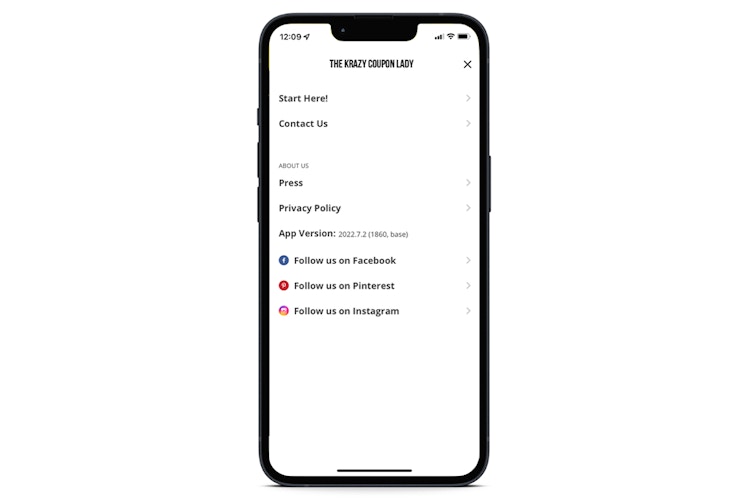screenshot of iOS app showing the app menu