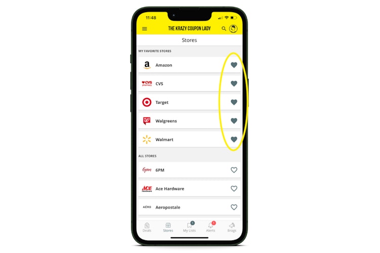 screenshot of iOS app showing how to add and remove favorite stores