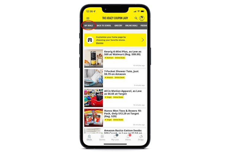 screenshot of iOS app showing deals for favorite stores