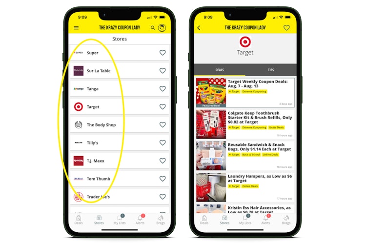 screenshots of iOS app showing how to view store deals