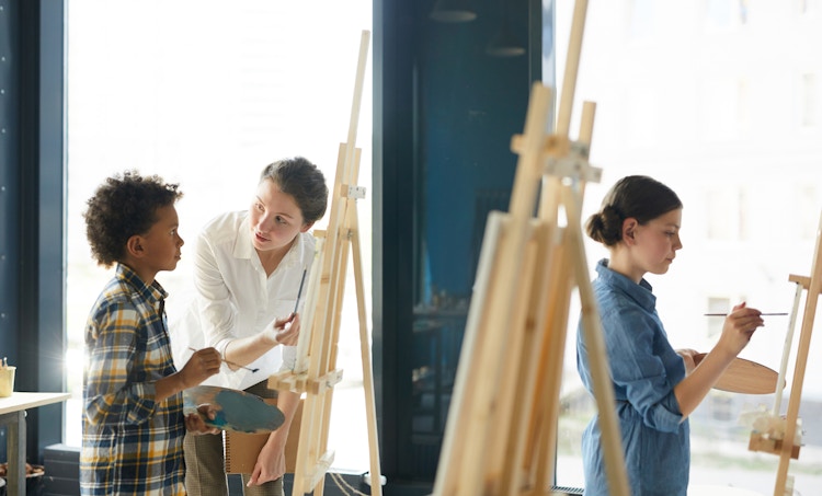 art teacher classroom students painting easels