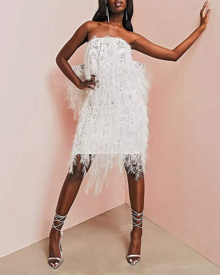 ASOS Luxe Feather Bow Mini wedding dress model