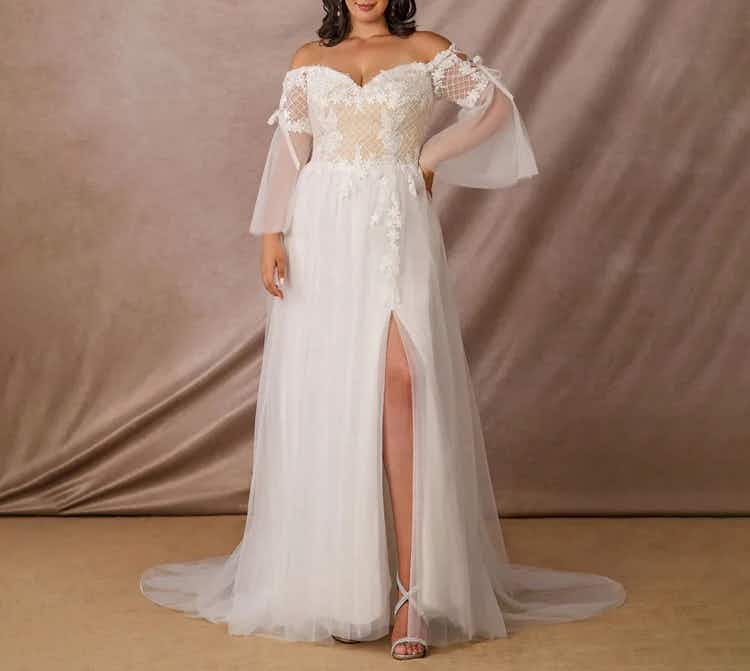 Azazie Stevie lace wedding dress model
