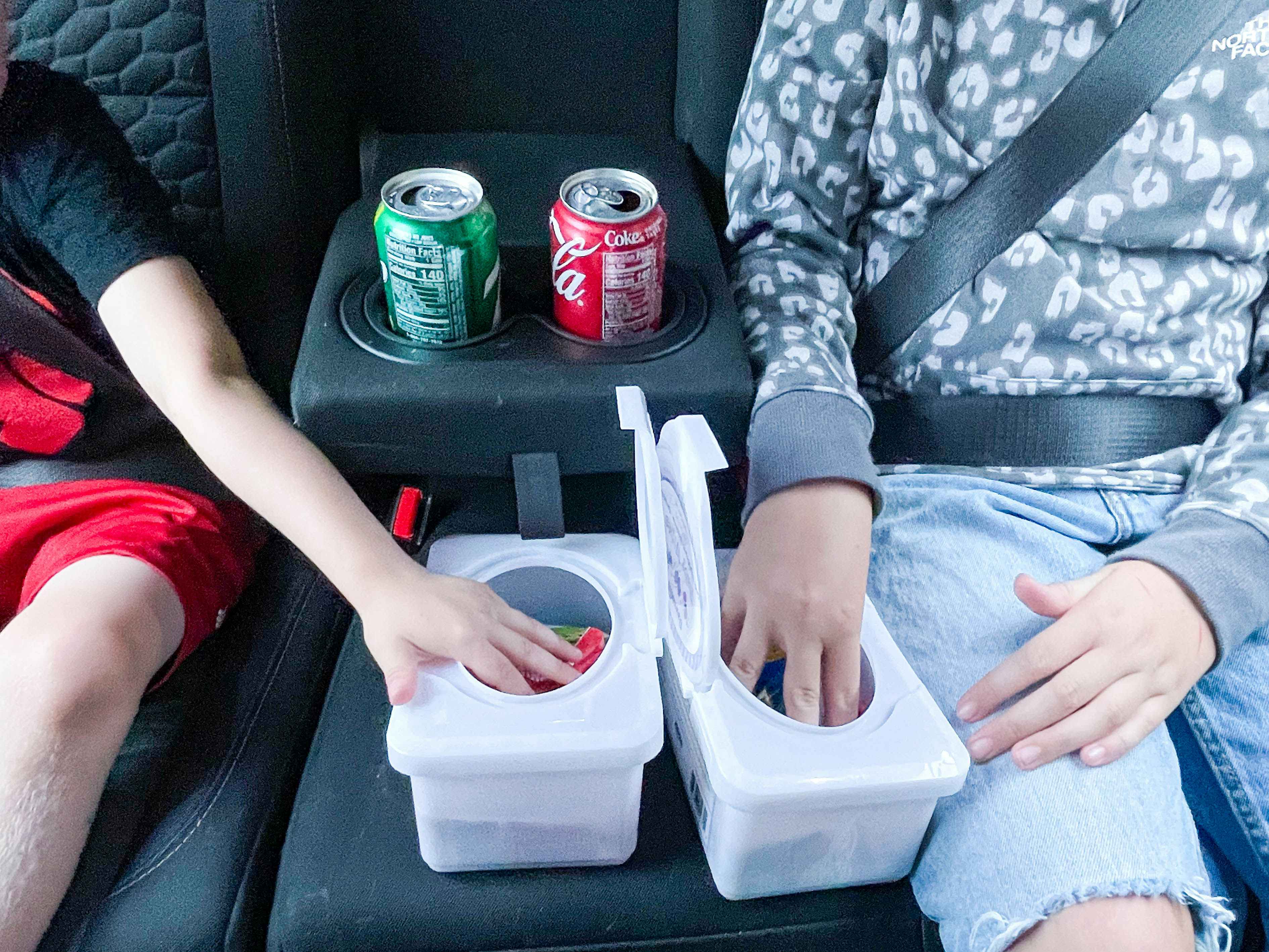 Old baby wipes container as a snack box for a long car trip.