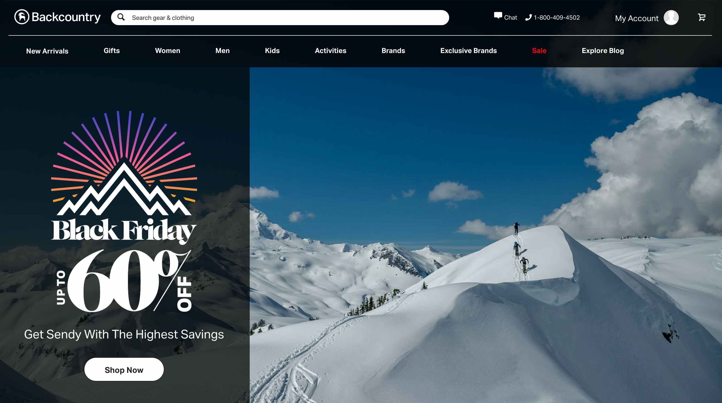 backcountry.com's homepage showing up to 60% off for Black Friday