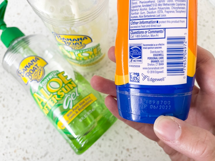 Banana boat products with a vin number and expiration date pointed out. 