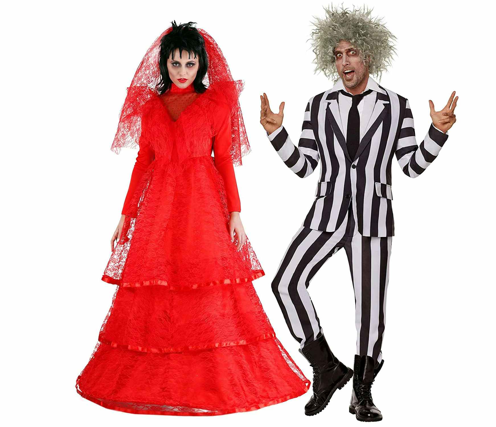 woman and man dressed in Beetlejuice Halloween costumes