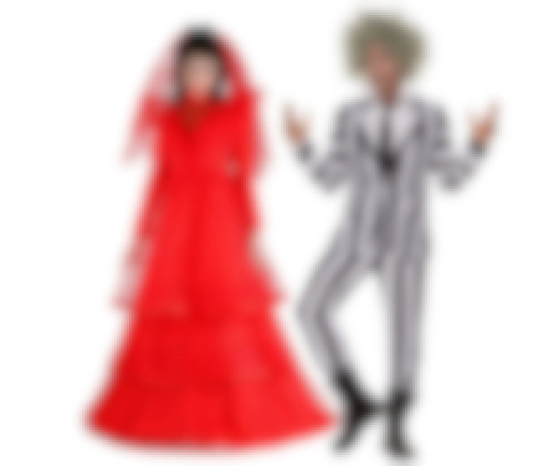 woman and man dressed in Beetlejuice Halloween costumes