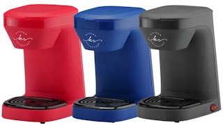 red, dark blue, black single cup coffee maker stock image collage