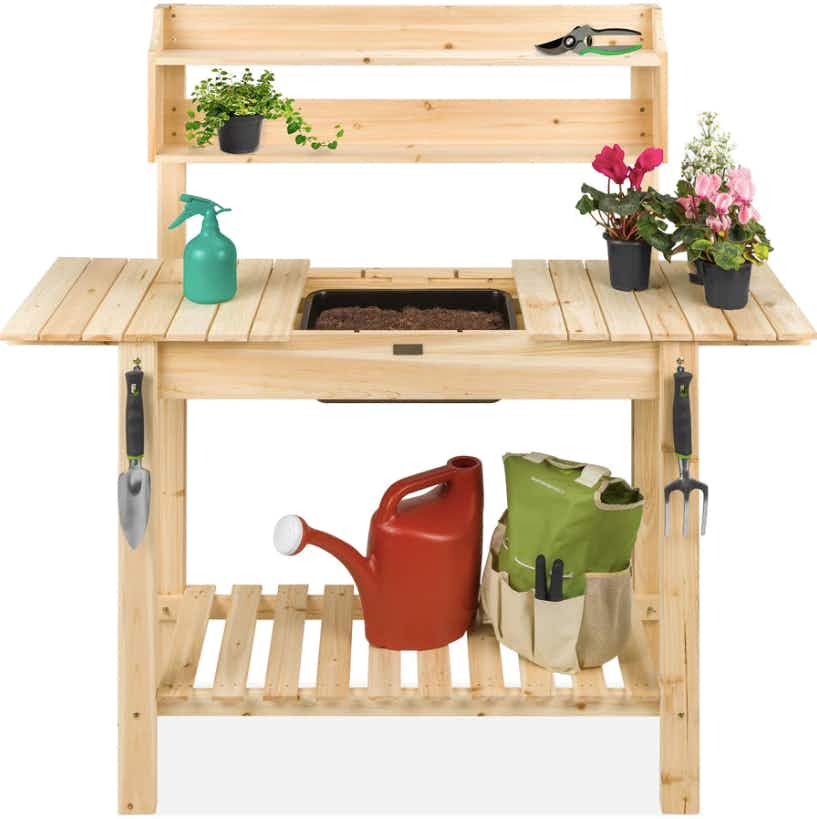 Wood Garden Potting Bench With Sliding Tabletop Food Grade Dry Sink