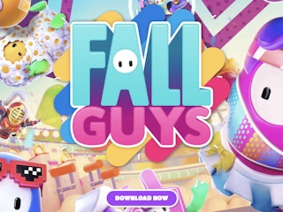 A screenshot from the Fall Guys website banner with a download now button.