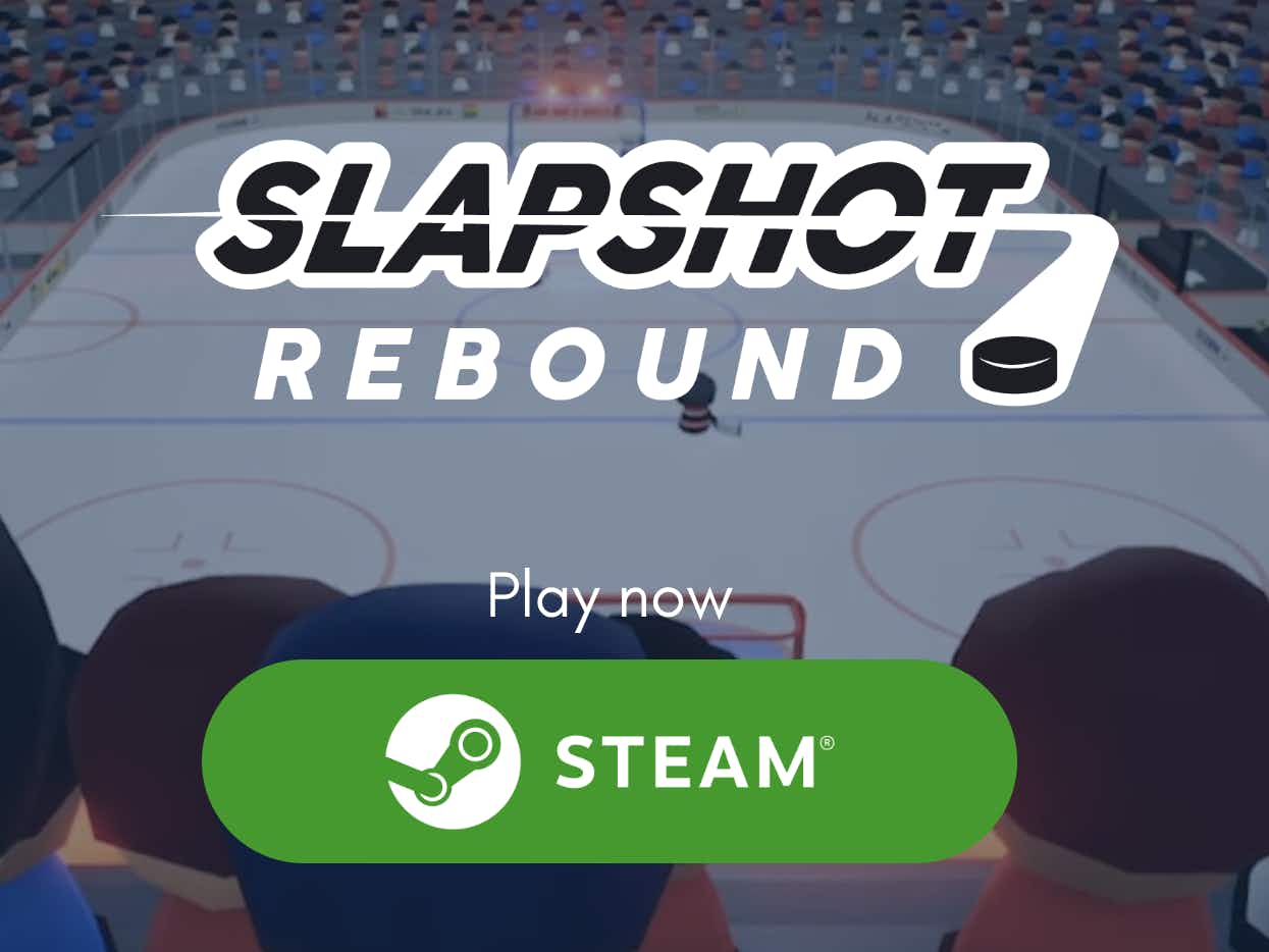 A screenshot from the main page of the Slapshot Rebound website with a button to download the game on Steam.