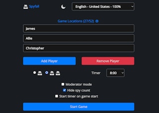 A screenshot from the Spyfall website starting page with players names inserted.