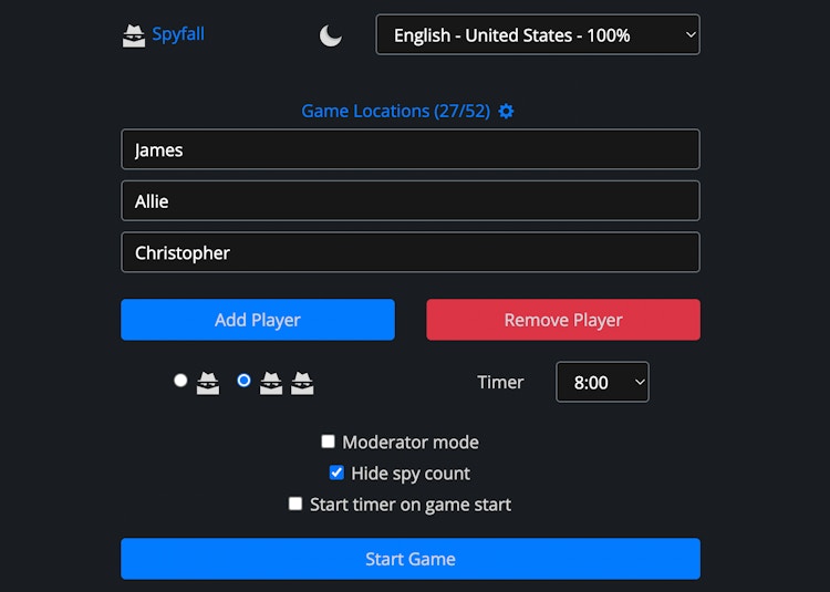 A screenshot from the Spyfall website starting page with players names inserted.