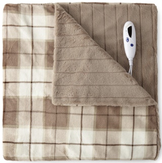 a brown plaid electric heated fur throw