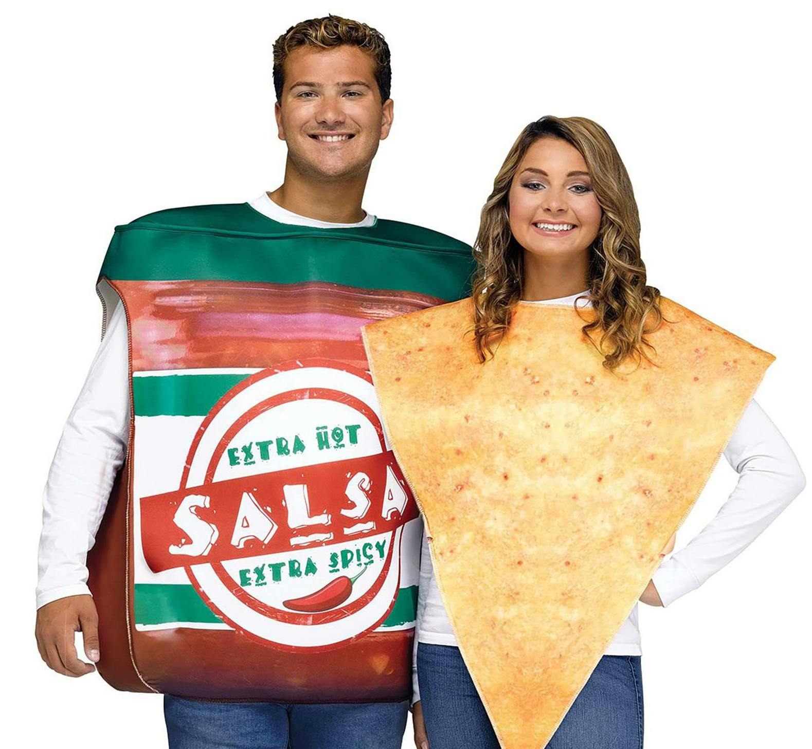 man and woman dressed in chips and salsa Halloween costumes
