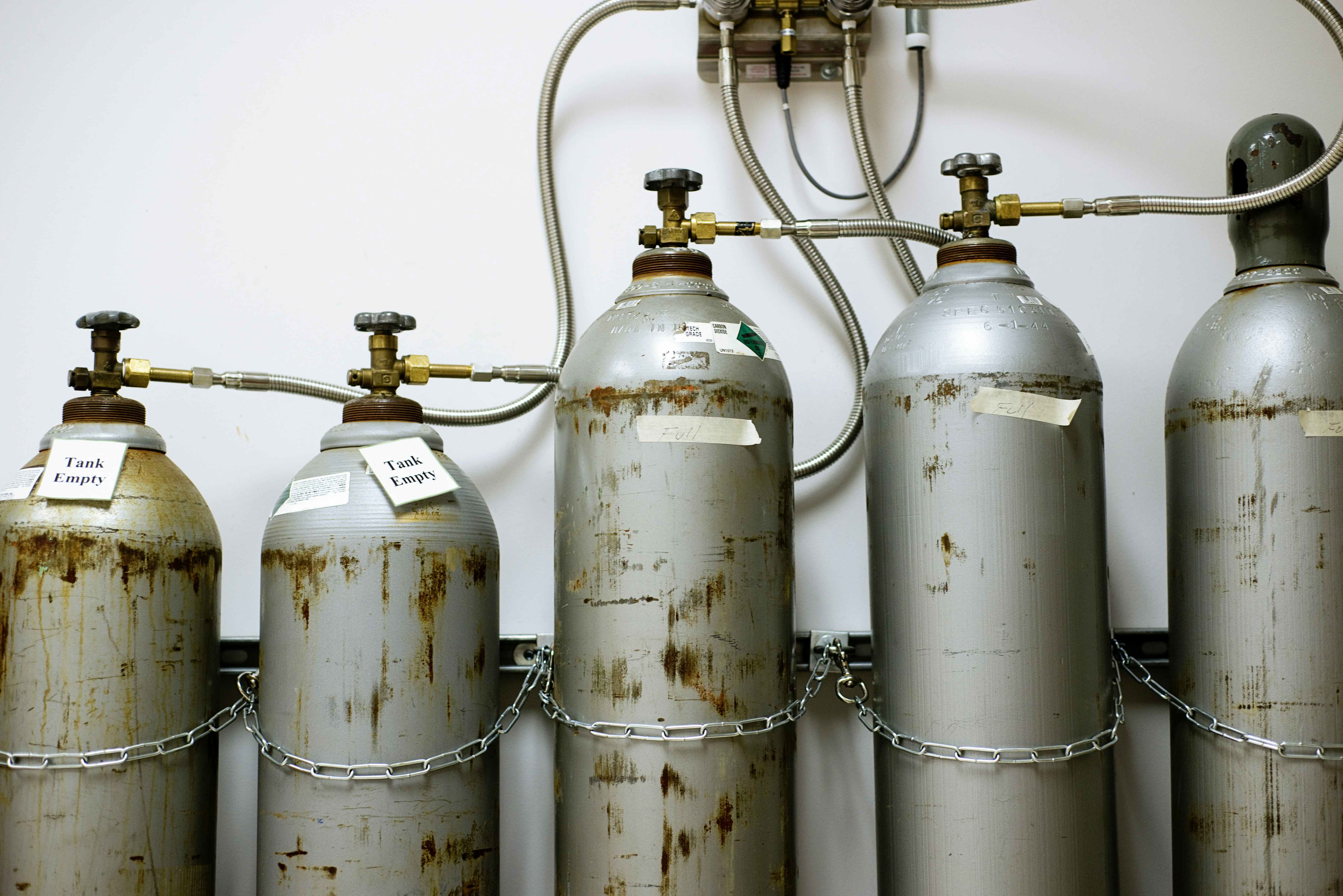 Tanks of CO2 with two of the tanks marked as empty.