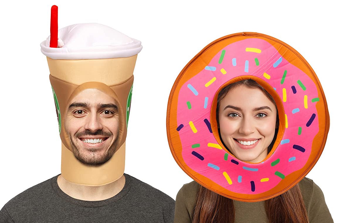 man and woman dressed in coffee and donut Halloween costumes