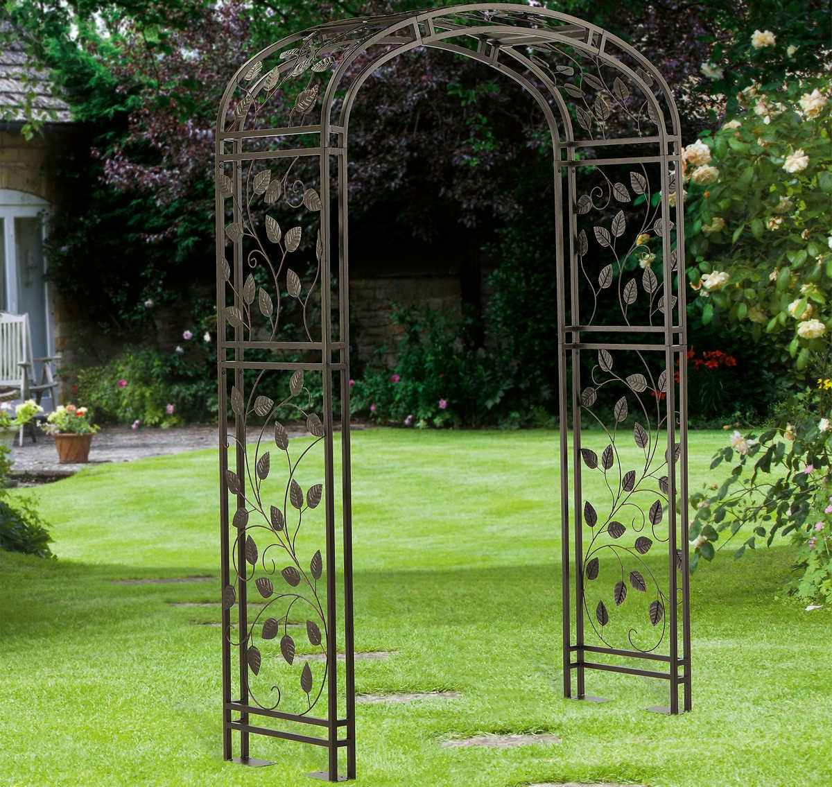 arched garden arbor in a garden 