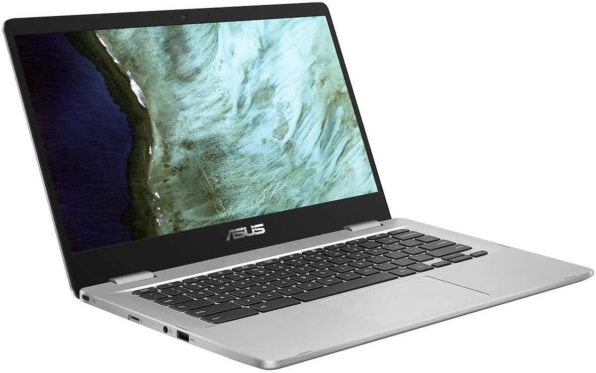 semi profile view of an asus chromebook on a white background