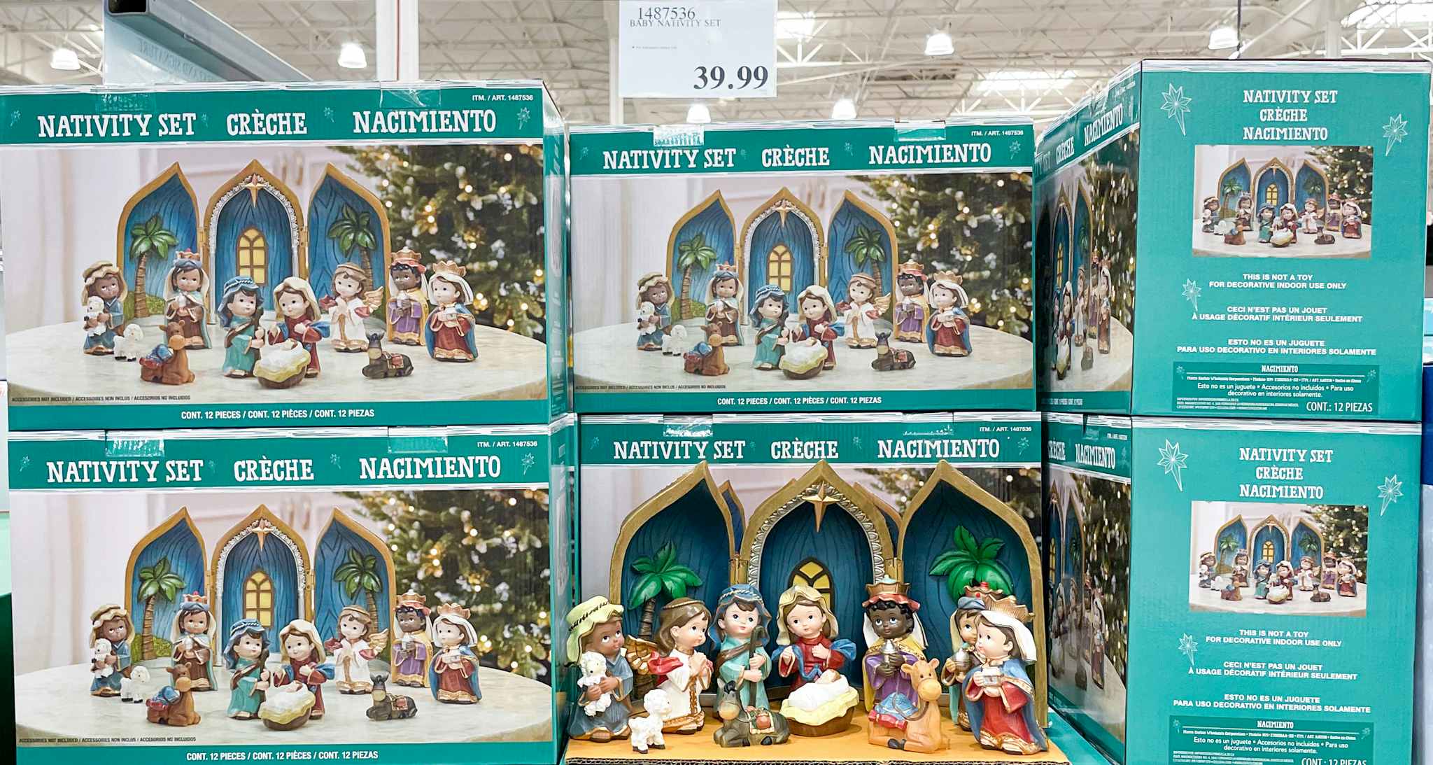 nativity set on display at Costco with sale sign