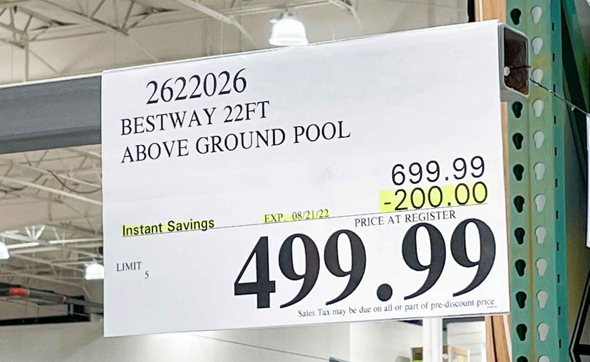 sales sign for a pool at costco