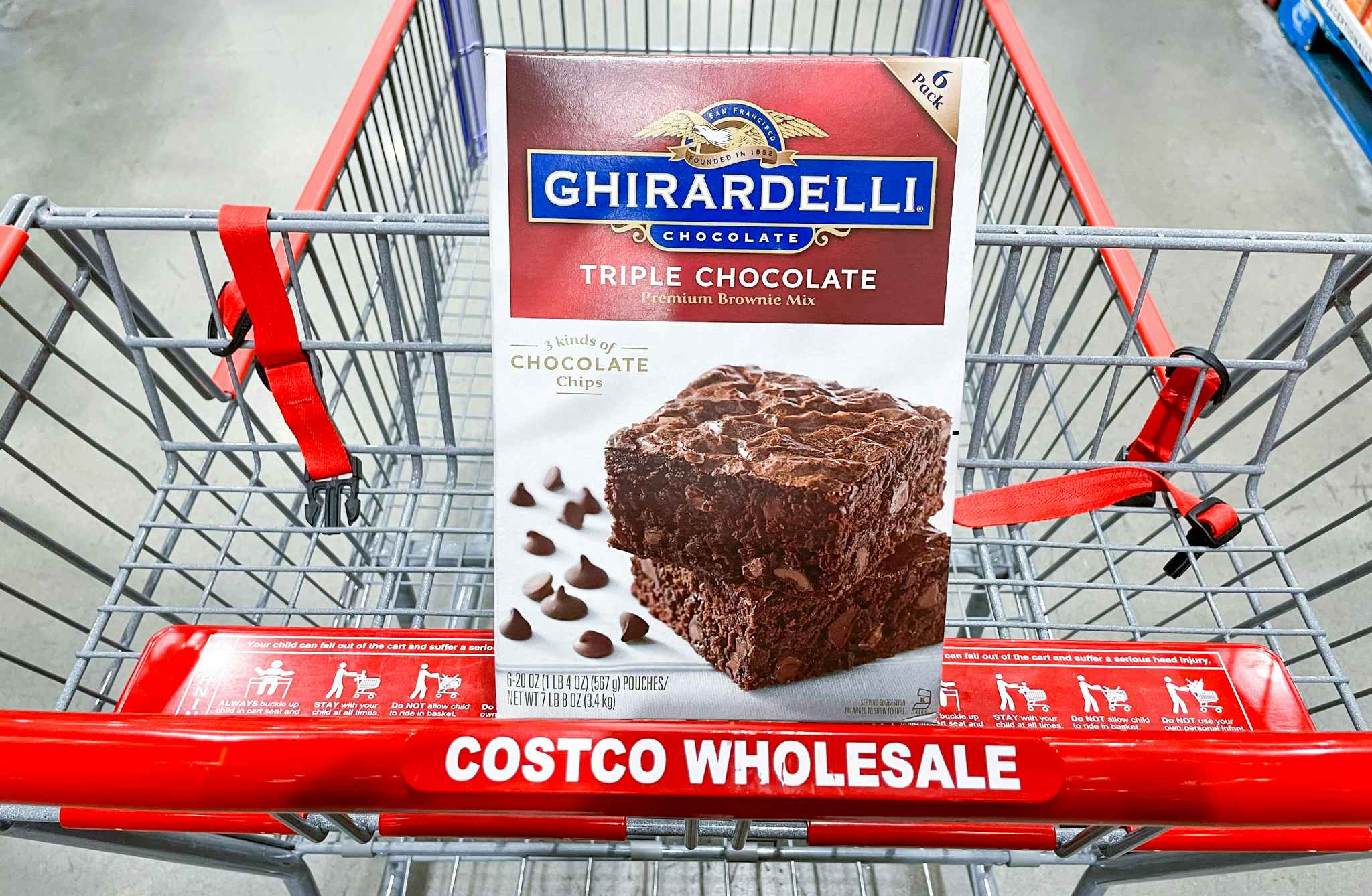 brownie mix in a cart at costco
