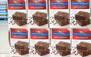 brownie mix in boxes stacked at costco