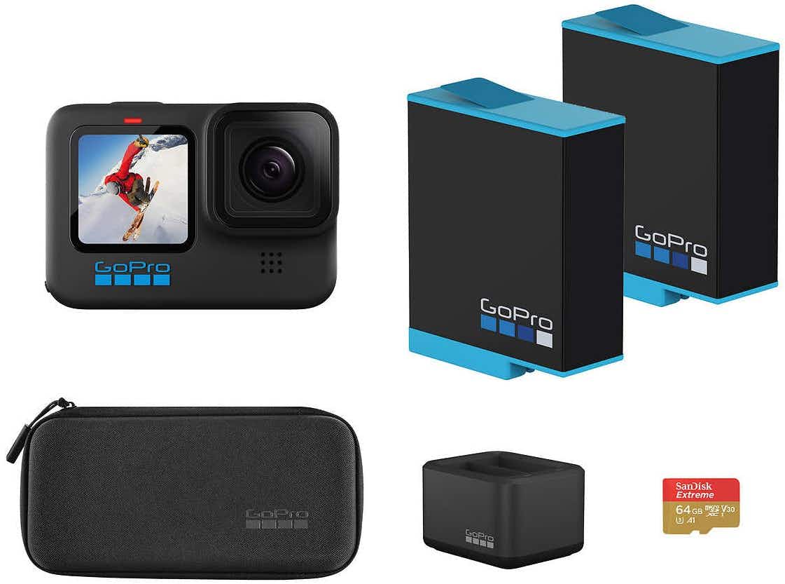gopro bundle with case two batteries a charger and micro sd card on a white background
