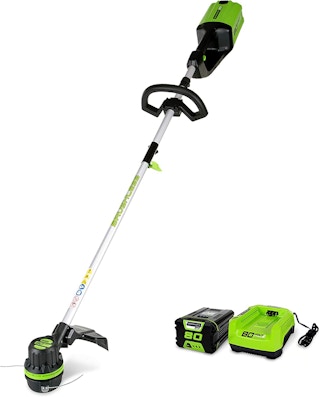 sting trimmer with charger and battery on a white background
