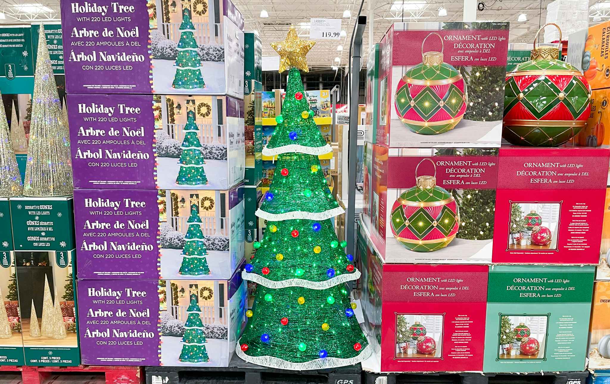 holiday tree with led light at costco with sale sign