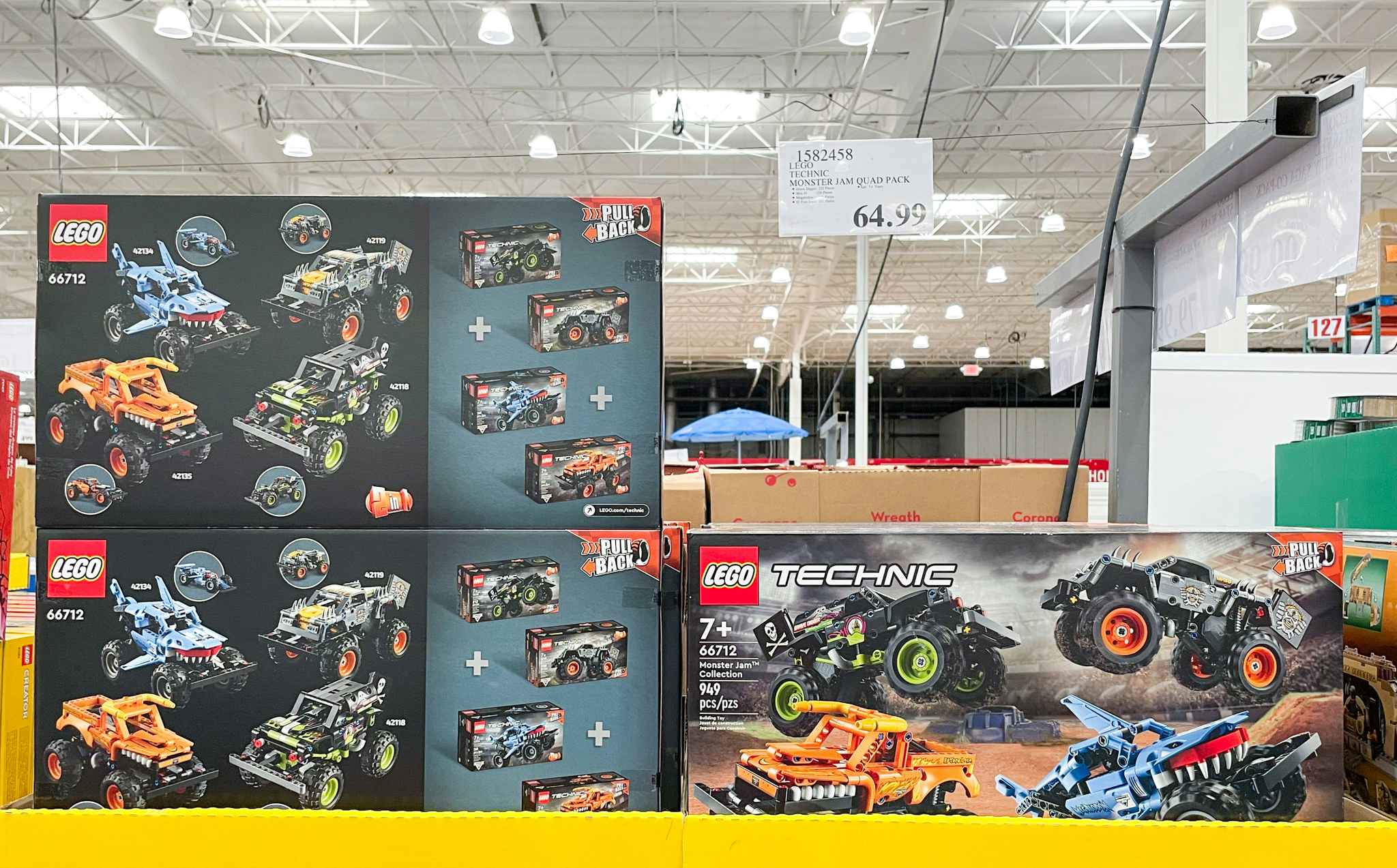 lego monster jam in a box on a shelf at costco with sale sign